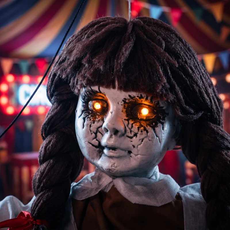 HOMCOM Halloween Animated Hanging Creepy Girl on Swing Decoration, Light-Up Eyes, Sound and Touch Activated