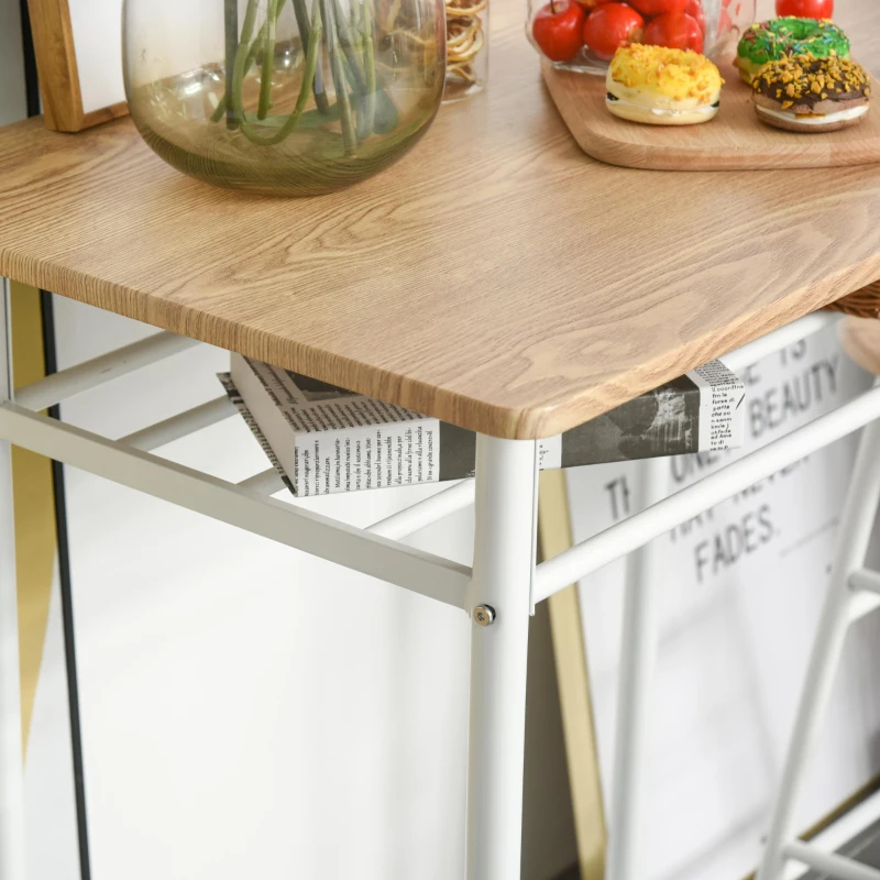 HOMCOM 3 Piece Counter Height Bar Table Set with 1 Table, 2 Matching Stools, Dining Table Set with Storage Shelf and Metal Frame Footrest, White and Oak