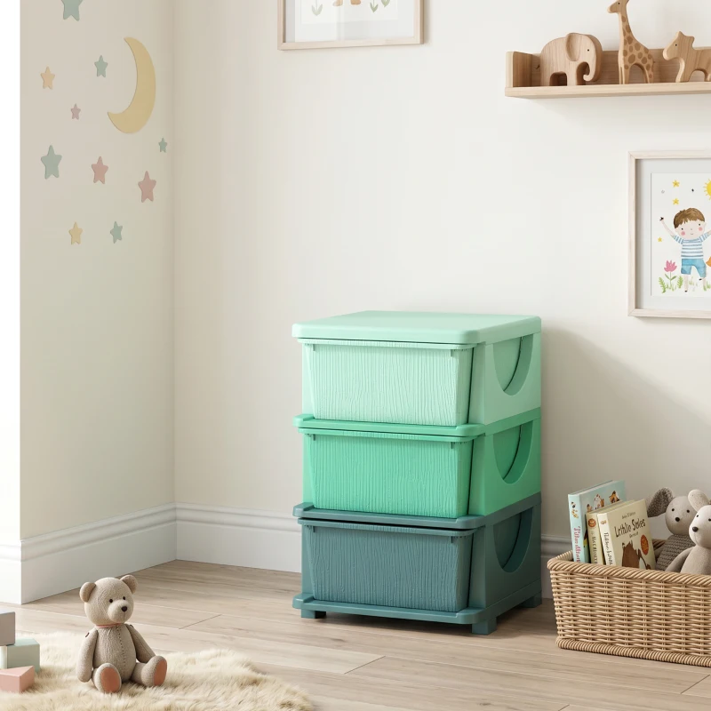 Qaba 3 Tier Kids Storage Unit, Toy Organizers and Storage with 3 Drawer for Bedroom Nursery Living Room for Boys Girls Green