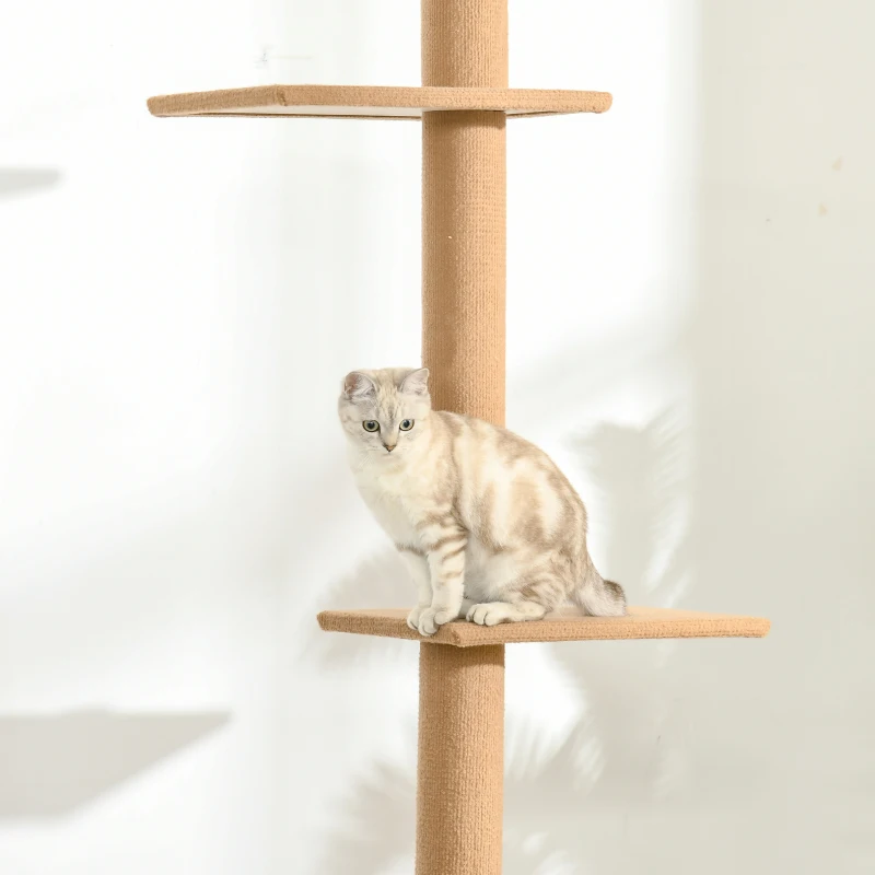 PawHut 100" Floor To Ceiling Cat Tree w/ 3 Perches Activity Center for Kittens Cat Tower Furniture, Light Brown