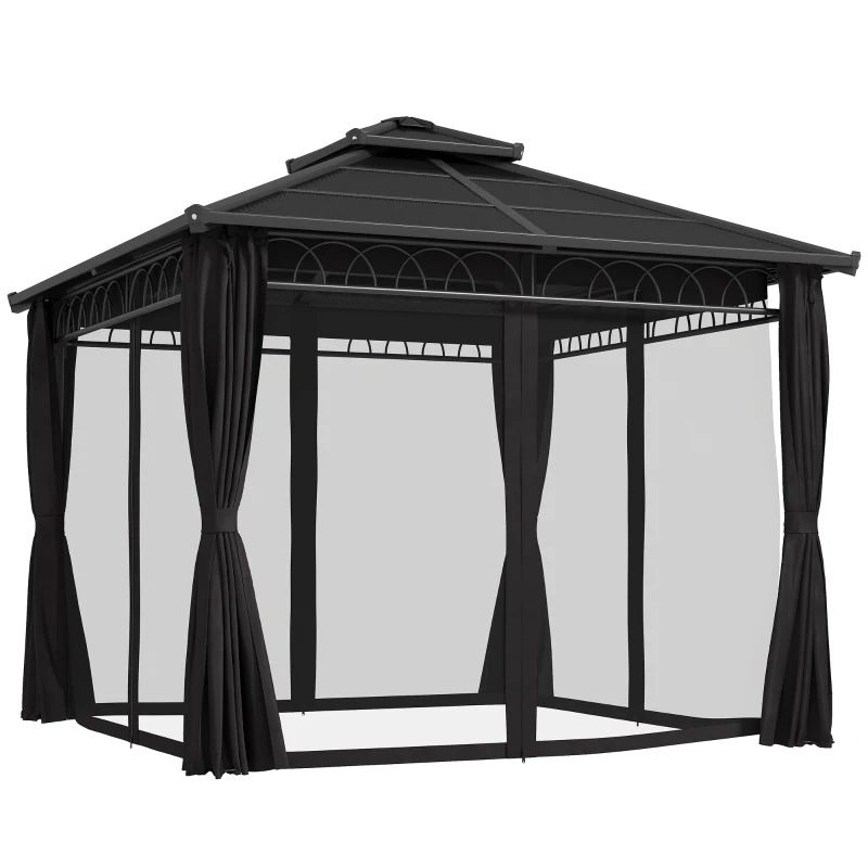 Outsunny 10' x 10' Outdoor Hardtop Gazebo Canopy w/ Double PC Roof, Steel Frame, Nettings, Curtains for Garden Lawn Deck, Black