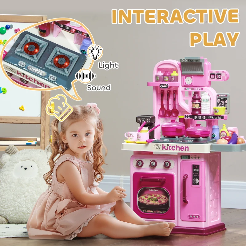 Qaba Kids Play Kitchen with Lights, Sounds, 33 Accessories & Storage for Toddler 3-6 Years