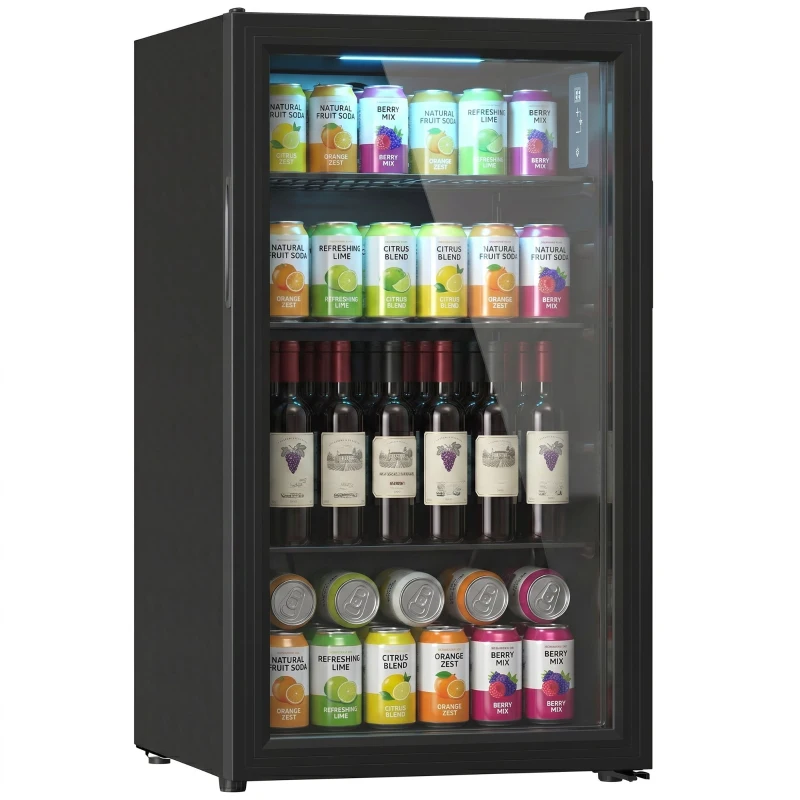 HOMCOM 3.2 Cu.Ft Beverage Fridge, 128 Can Drink Fridge with Glass Door, Auto-Defrost and LED Light for Soda, Beer, Black