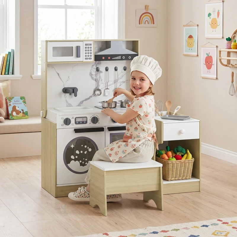 Qaba Play Kitchen Set for Kids, 2-in-1 Convertible Table and Chair Set, Kitchen Playset with Sink, Oven, Accessories for 3-8