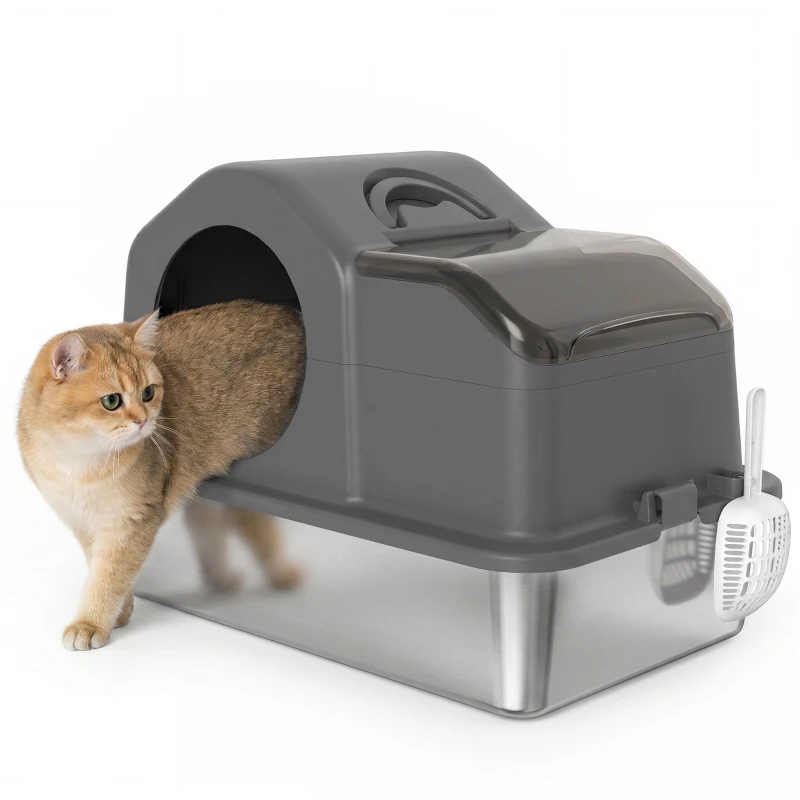 PawHut Extra Large Stainless Steel Cat Litter Box w/ High Sided, Removable Lid, Scoop, Odor Free, Non-Sticky, Dark Grey