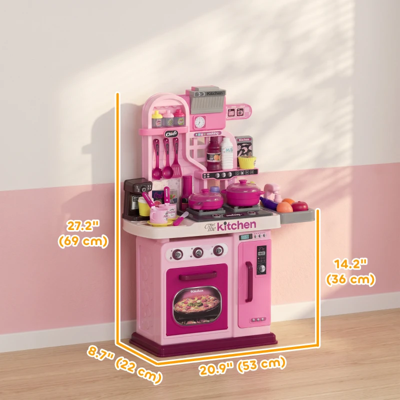 Qaba Kids Play Kitchen with Lights, Sounds, 33 Accessories & Storage for Toddler 3-6 Years