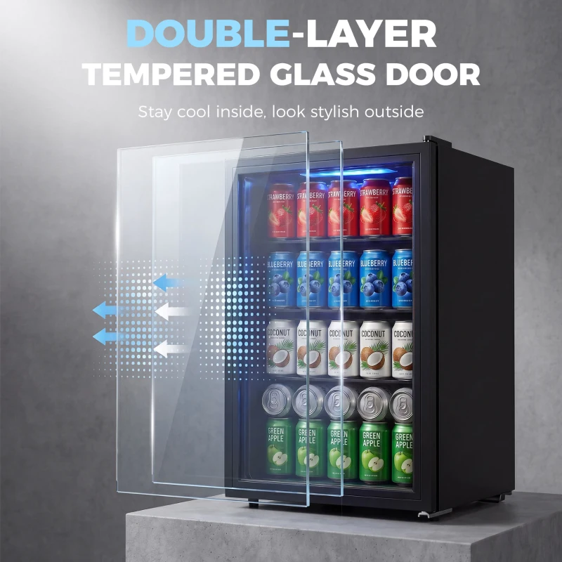 HOMCOM 2.1 Cu.Ft Beverage Fridge, 85 Can Drink Fridge with Glass Door, Auto-Defrost and LED Lights for Soda, Beer, Black