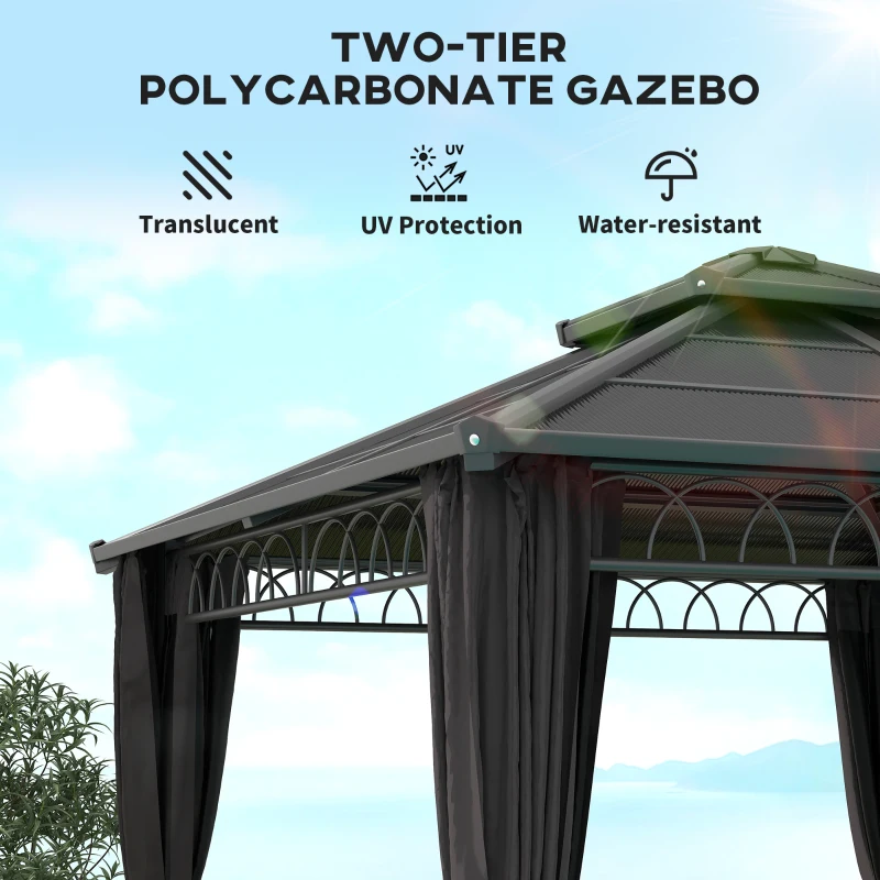 Outsunny 10' x 10' Outdoor Hardtop Gazebo Canopy w/ Double PC Roof, Steel Frame, Nettings, Curtains for Garden Lawn Deck, Black