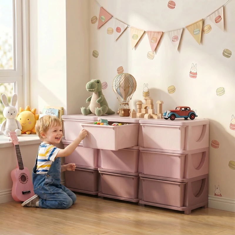 Qaba 29.5" 3 Tier Kids Storage Unit Dresser Tower w/ 9 Drawers, Pink