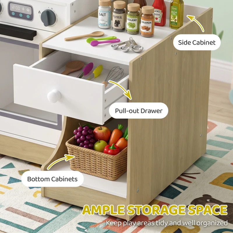 Qaba Play Kitchen Set for Kids, 2-in-1 Convertible Table and Chair Set, Kitchen Playset with Sink, Oven, Accessories for 3-8