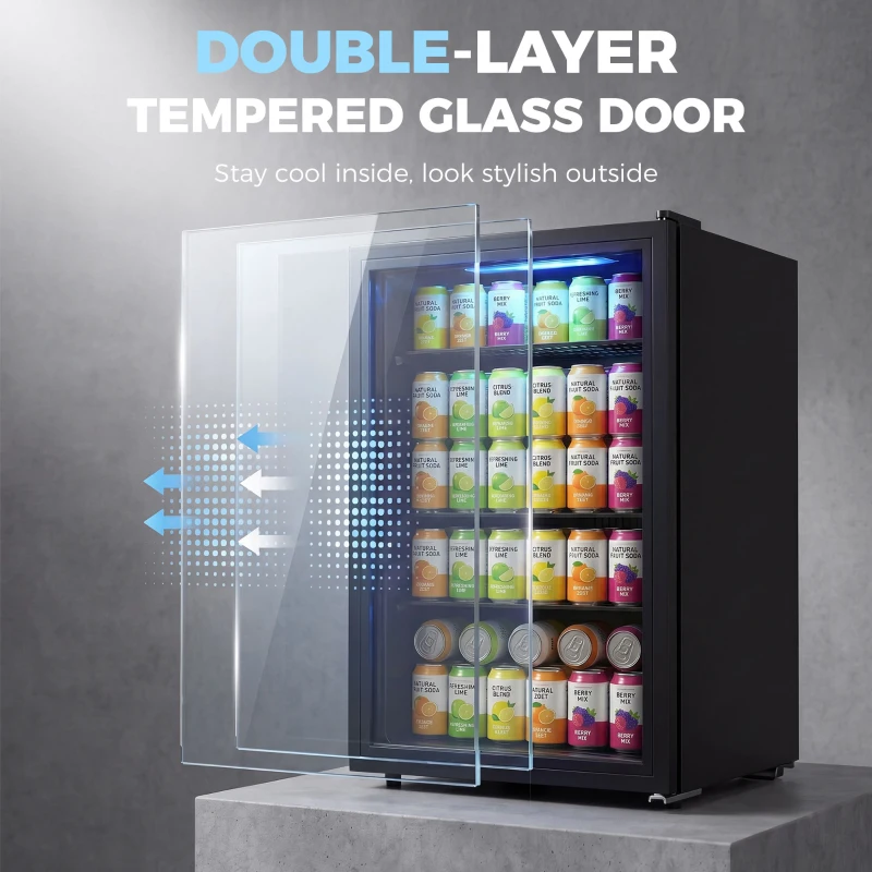 HOMCOM 3.2 Cu.Ft Beverage Fridge, 128 Can Drink Fridge with Glass Door, Auto-Defrost and LED Light for Soda, Beer, Black