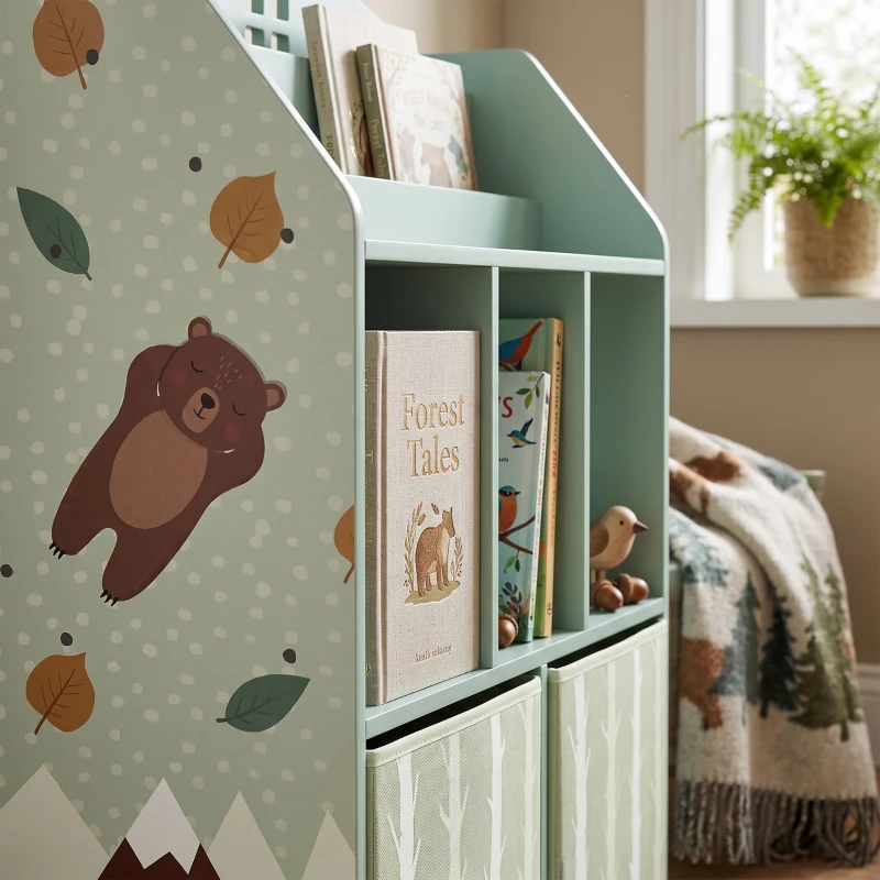 Qaba Kids Bookshelf with Storage, Toy Storage Unit with Book Display, Shelves and Fabric Drawers for Playroom Nursery, Green