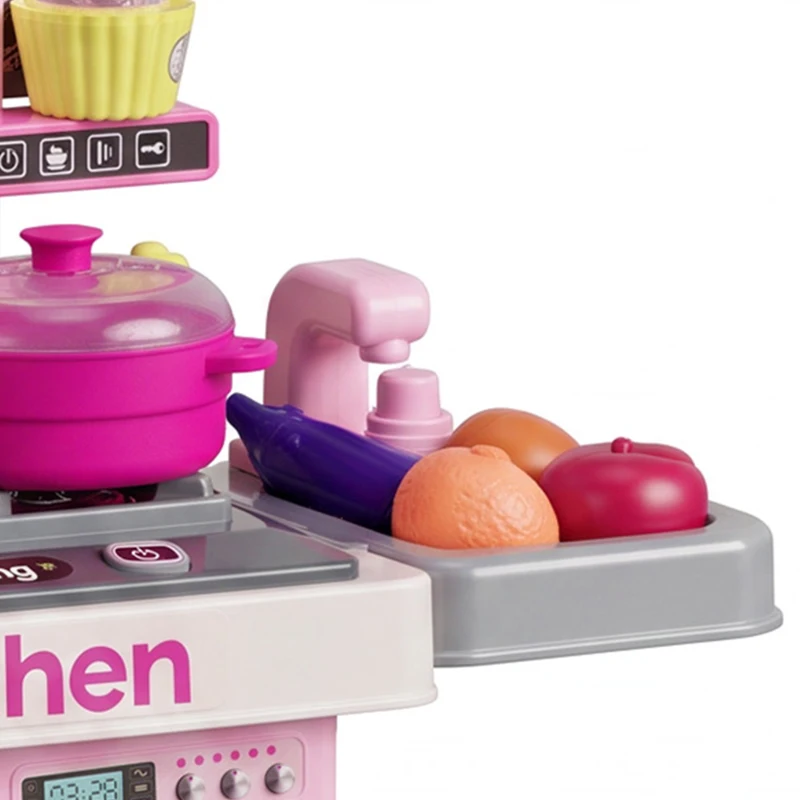 Qaba Kids Play Kitchen with Lights, Sounds, 33 Accessories & Storage for Toddler 3-6 Years
