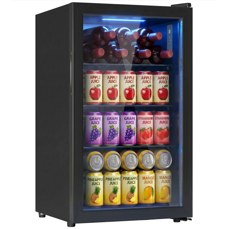 HOMCOM 2.1 Cu.Ft Beverage Fridge, 85 Can Drink Fridge with Glass Door, Auto-Defrost and LED Lights for Soda, Beer, Black