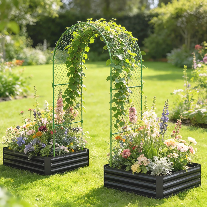 Outsunny Metal Raised Garden Bed with Trellis, Galvanized Garden Bed Kit Outdoor Garden Box with Trellis, Black
