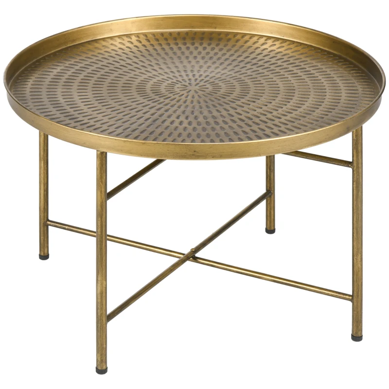 HOMCOM Vintage Coffee Table for Living Room, 24" Round Center Table with Hammered Tray Top and Metal Frame, Gold