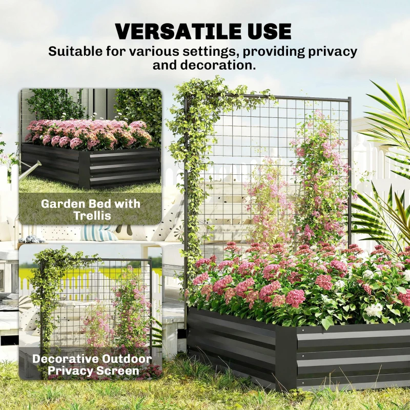 Outsunny Galvanized Raised Garden Bed with Trellis for Climbing Plants, Outdoor Planter Box with Open Bottom, Black