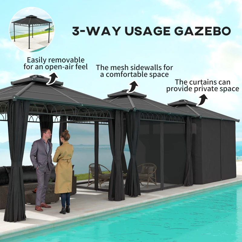 Outsunny 10' x 10' Outdoor Hardtop Gazebo Canopy w/ Double PC Roof, Steel Frame, Nettings, Curtains for Garden Lawn Deck, Black