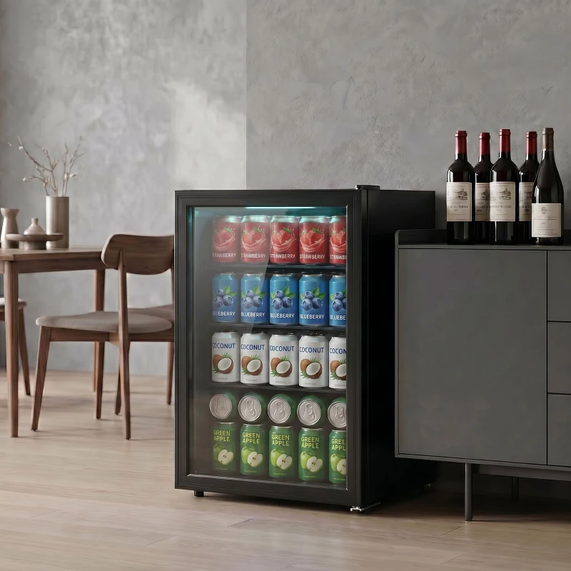 HOMCOM 2.1 Cu.Ft Beverage Fridge, 85 Can Drink Fridge with Glass Door, Auto-Defrost and LED Lights for Soda, Beer, Black