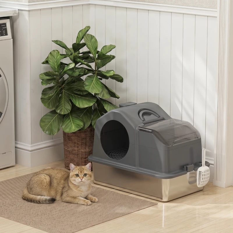 PawHut Extra Large Stainless Steel Cat Litter Box w/ High Sided, Removable Lid, Scoop, Odor Free, Non-Sticky, Dark Grey