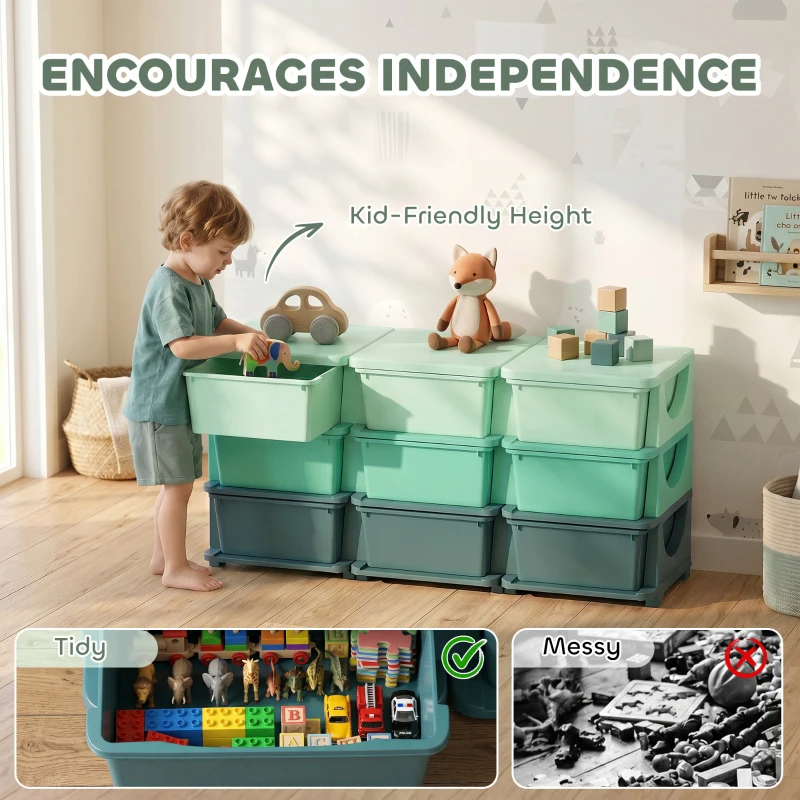 Qaba 3 Tier Kids Storage Organizer with 9 Drawers for Bedroom, Nursery, Kindergarten, Living Room, Boys and Girls, Green