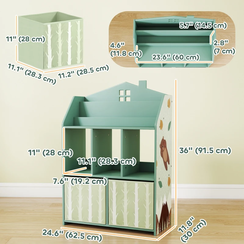 Qaba Kids Bookshelf with Storage, Toy Storage Unit with Book Display, Shelves and Fabric Drawers for Playroom Nursery, Green