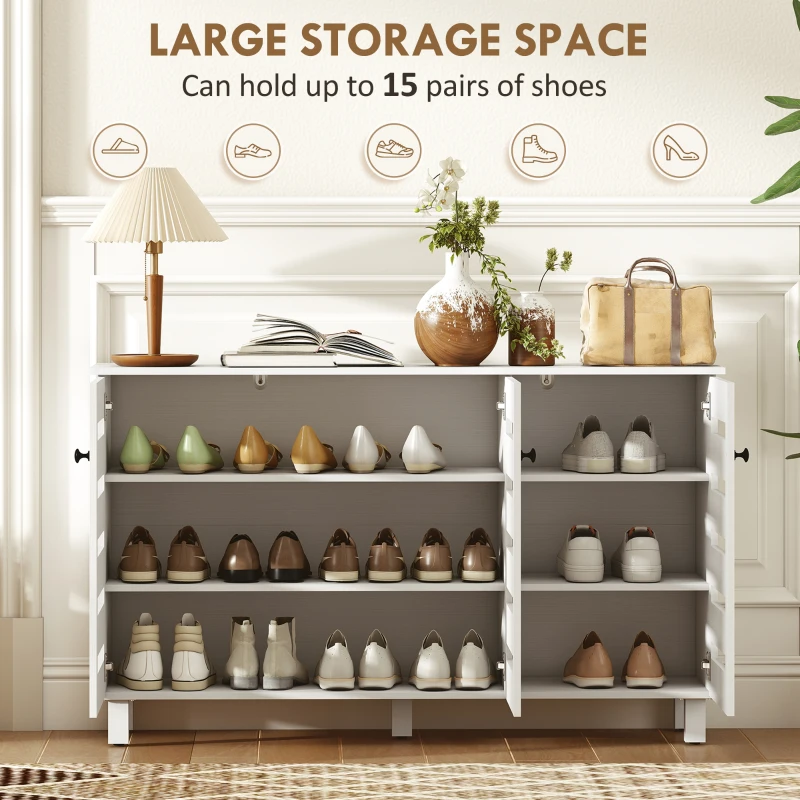 HOMCOM Shoe Cabinet with 3 Slatted Doors, 3-tier Shelving Rack Cabinet with Adjustable Shelves for 15 Pairs of Shoes, White