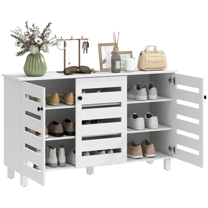 HOMCOM Shoe Cabinet with 3 Slatted Doors, 3-tier Shelving Rack Cabinet with Adjustable Shelves for 15 Pairs of Shoes, White