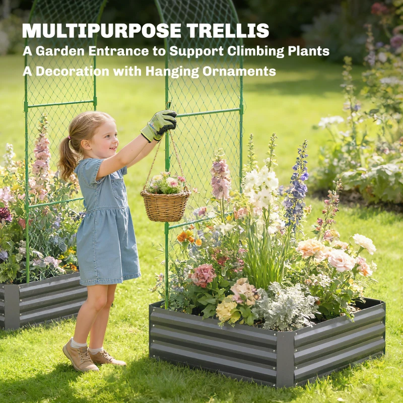 Outsunny Metal Raised Garden Bed with Trellis, Galvanized Garden Bed Kit Outdoor Garden Box with Trellis, Dark Grey