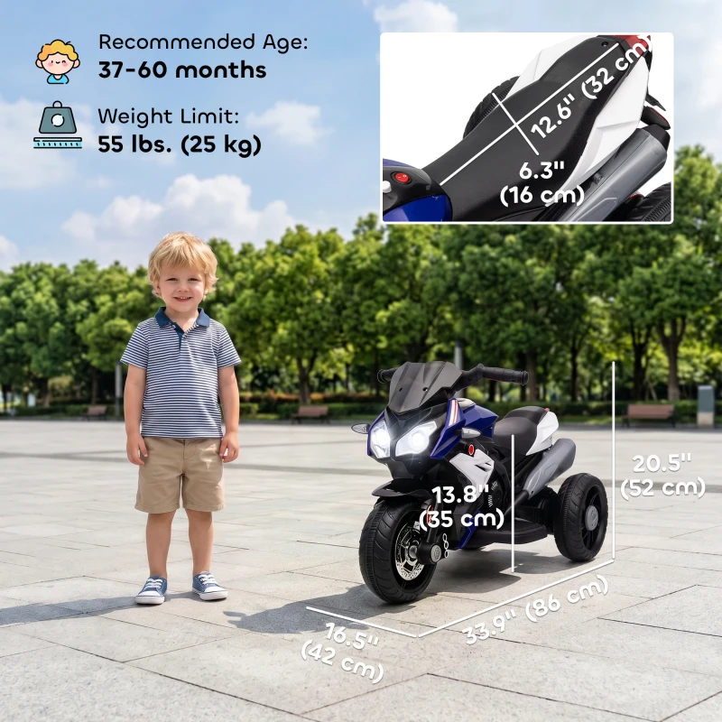 Qaba Kids Electric Motorcycle Ride-On Toy with 3 Wheels, Music, Horn, Lights, Blue