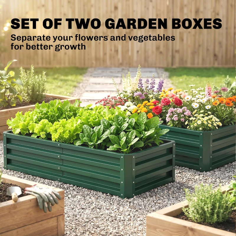 Outsunny 4' x 2' x 1' Raised Garden Bed, Set of 2 Galvanized Planter Box for Vegetables, Flowers, Herbs, Green