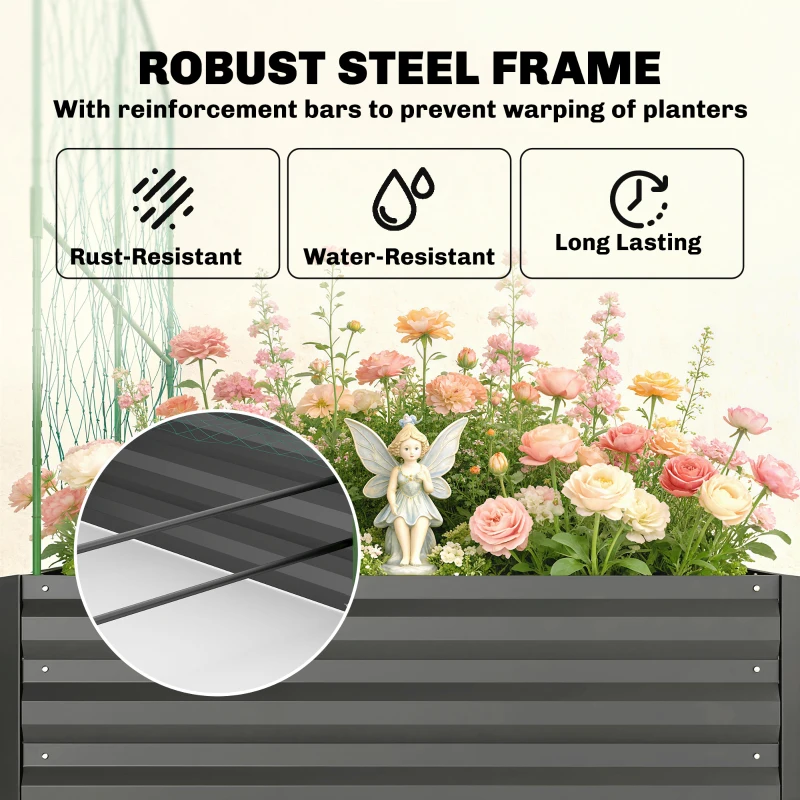 Outsunny Metal Raised Garden Bed with Trellis, Galvanized Garden Bed Kit Outdoor Garden Box with Trellis, Dark Grey
