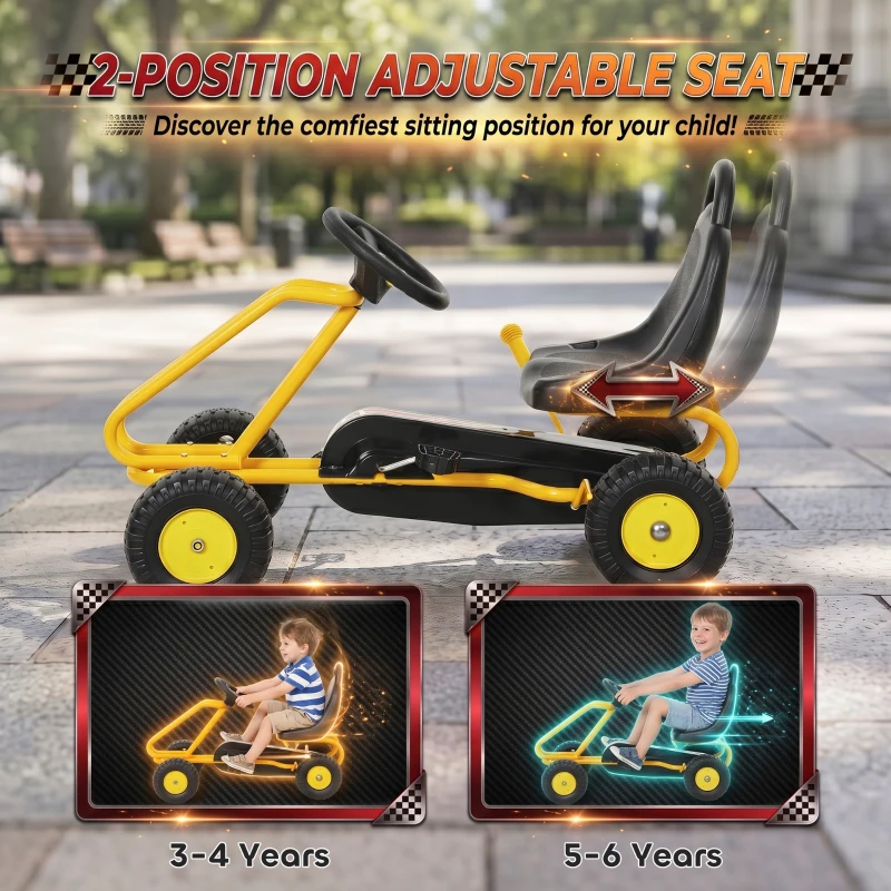 Qaba Go Kart for Kids, 4 Wheel Pedal Go Cart with Adjustable Seat, Safety Hand Brake for Boys Girls 3-6 Years, Yellow