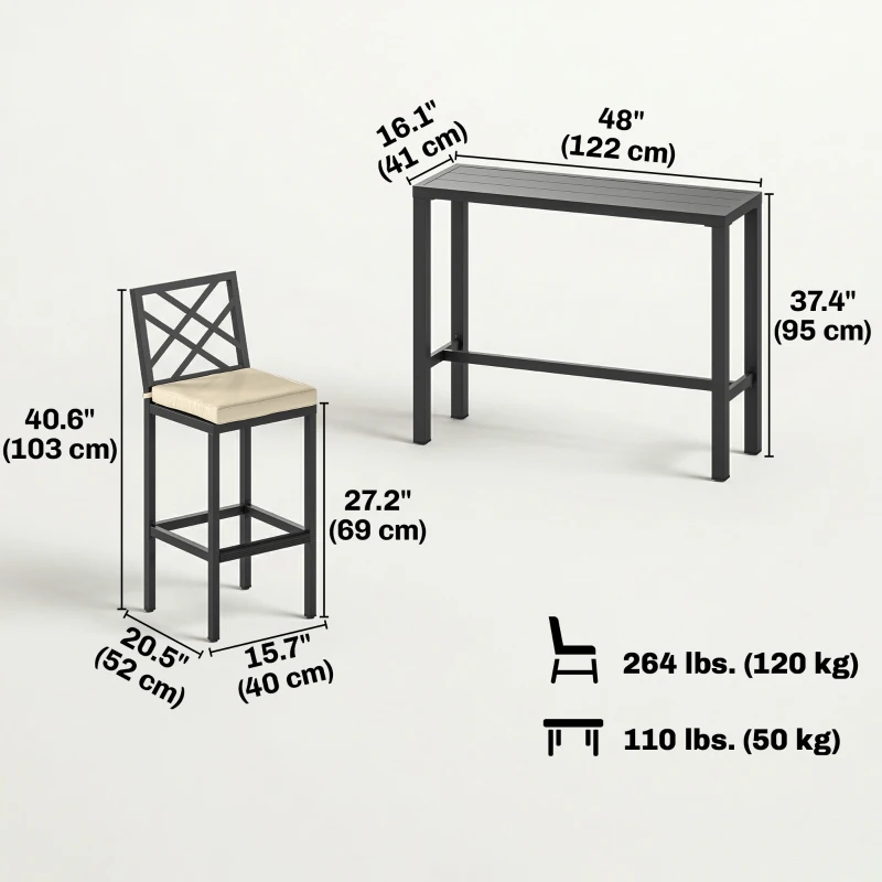 Outsunny 3 Piece Patio Bar Set, Outdoor Bar Table and Stools, Electrophoresis Steel Tabletop, X Back, Footrest, Cushions, Khaki
