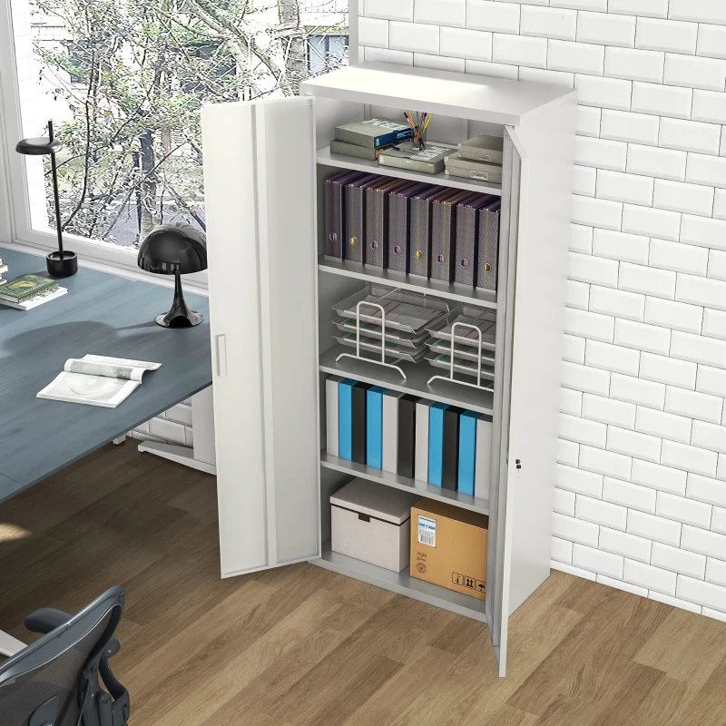 HOMCOM 71" Tall Garage Cabinet, Metal Storage Cabinet with 2 Doors, 4 Adjustable Shelves for Home Office, Study, Garage, White