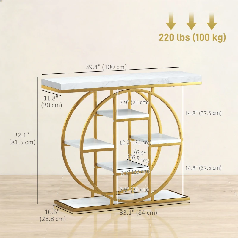 HOMCOM 39.4" Console Table with Storage Shelves, Industrial Sofa Table for Living Room, Hallway, White Marble Effect