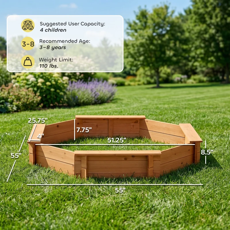 Outsunny Octagon Kids Wooden Sandbox, Outdoor Children Playset for Backyard, with polyester Cover, Seat Board, for 3-8 years old, Red, 55" x 55" x 8.5"