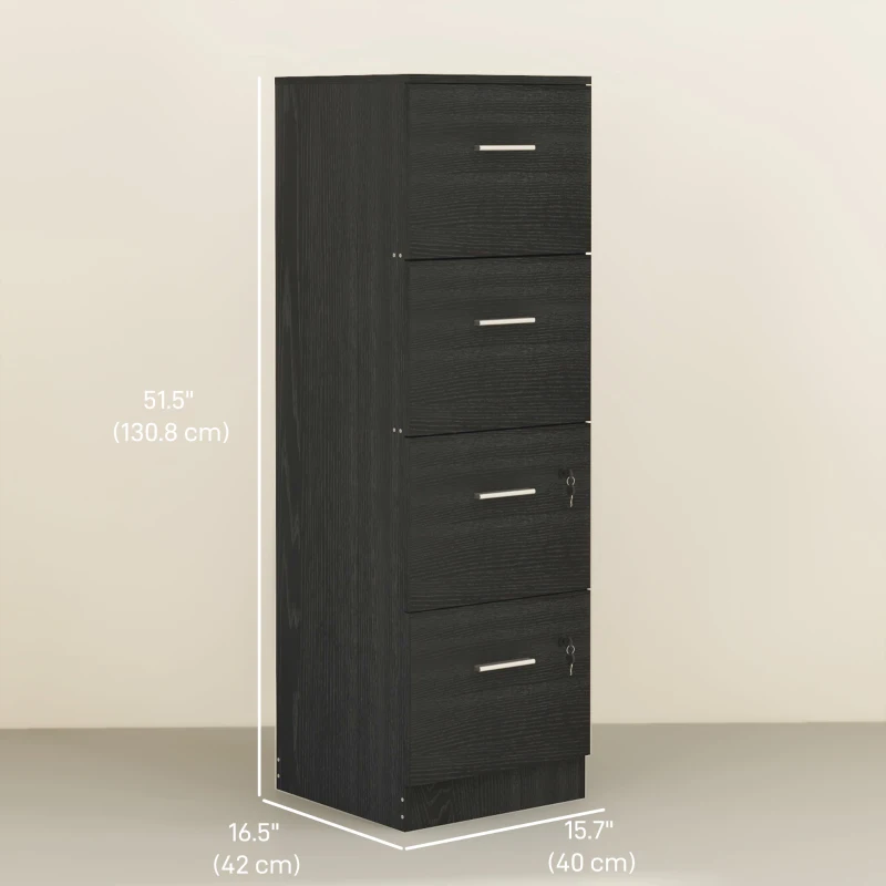 HOMCOM Vertical Filing Cabinet with Lock, 4 Drawer File Cabinet with Adjustable Hanging Bar for A4 and Letter Size, Black