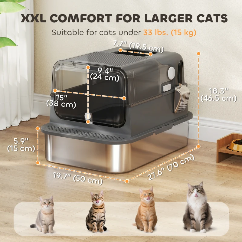 PawHut XXL Stainless Steel Cat Litter Tray, Enclosed Cat Litter Box for Big Cats with High Sides, Scoop, Easy Clean, Black