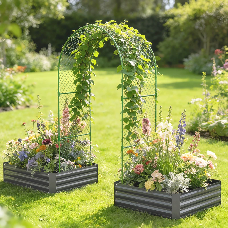 Outsunny Metal Raised Garden Bed with Trellis, Galvanized Garden Bed Kit Outdoor Garden Box with Trellis, Dark Grey