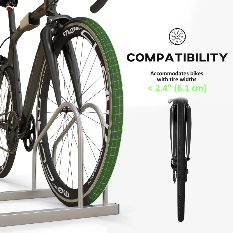 HOMCOM 2-Bike Adjustable Bike Rack, Steel Bike Stand, Ground Mount Garage Organizer for Indoor and Outdoor Use, Silver