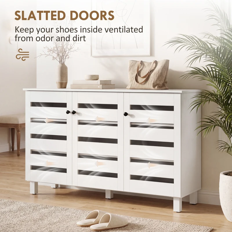 HOMCOM Shoe Cabinet with 3 Slatted Doors, 3-tier Shelving Rack Cabinet with Adjustable Shelves for 15 Pairs of Shoes, White