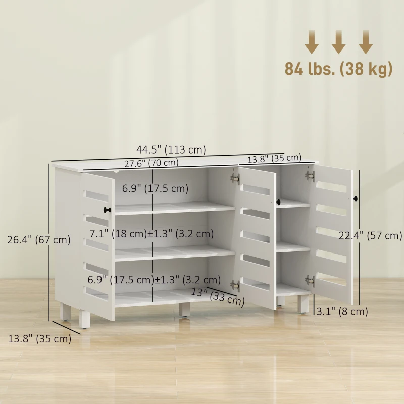 HOMCOM Shoe Cabinet with 3 Slatted Doors, 3-tier Shelving Rack Cabinet with Adjustable Shelves for 15 Pairs of Shoes, White