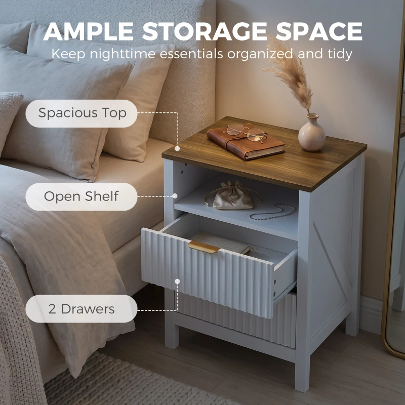 HOMCOM Modern Nightstand with 2 Fluted Drawers, Bedside Table with Open Storage Shelf, Anti-tipping Design, White and Walnut