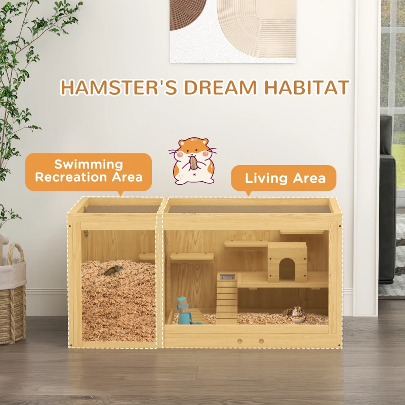 PawHut Extra Large Wooden Hamster Cage with Pull-out Tray, Seesaws, Ladder