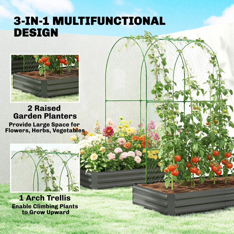 Outsunny Metal Raised Garden Bed with Trellis, Galvanized Garden Bed Kit Outdoor Garden Box with Trellis, Dark Grey