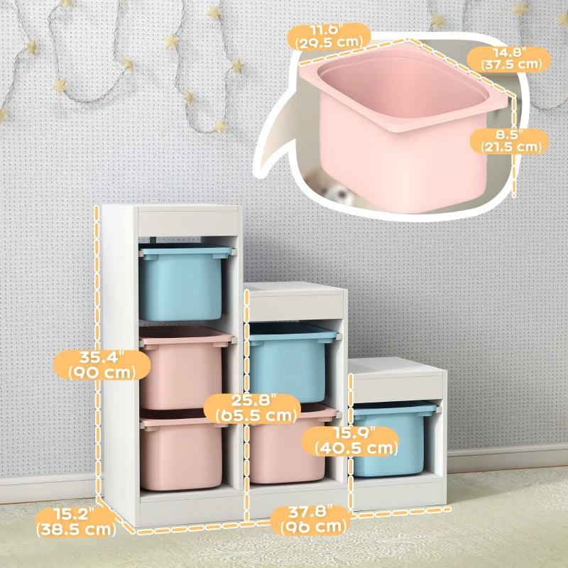 Qaba 3 Layers Toy Storage Organizer Kids Bookshelf Children Toy Storage w/ 6 Plastic Bins, Blue & Pink
