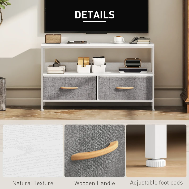 HOMCOM TV Stand with Charging Station, TV Table with 2 Foldable Linen Drawers and Open Shelf for 47 Inch Television, White