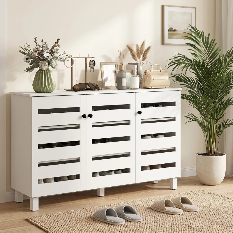 HOMCOM Shoe Cabinet with 3 Slatted Doors, 3-tier Shelving Rack Cabinet with Adjustable Shelves for 15 Pairs of Shoes, White