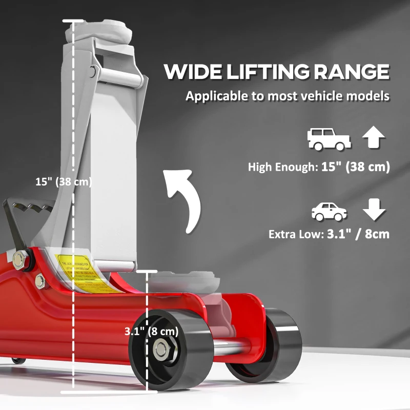 HOMCOM Low Profile Jack, Hydraulic Racing Floor Jack, 3.1"-15" Lifting Range, 2.5 Ton (5,000 lb) Capacity, Red